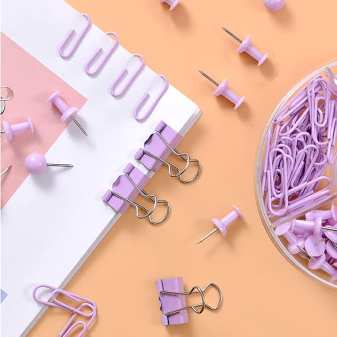 Purple Binder Clips and Paper Clips Push Pins Tacks Sets, Total 72 PCS Assorted - Image 6