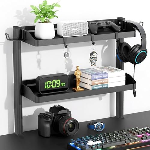 Clamp on Desk Shelf, 17in 2-Tier Office Desk Shelves Organizer, Small Shelf for Top of Desk with Headphone Holder and Hooks, Desktop Storage Rack for Home Workspace, Study Rooms, Gaming Accessories by DEARPER