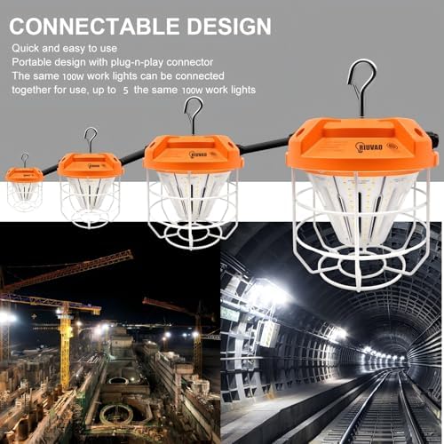 LED Temporary Work Light 100W, 15000Lm, 5000K Daylight White, Portable, Connectable LED Worksite Light with Hook, IP65 Dustproof and Waterproof, Suitable for Wet Locations and Construction Sites - Image 6
