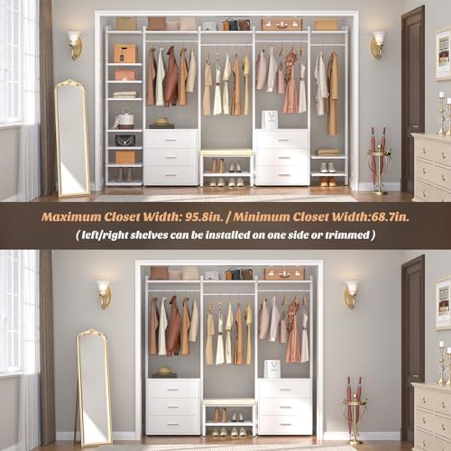 Aheaplus Closet System with 6 Drawers, 8FT Wood Closet Organizer, White - Image 4