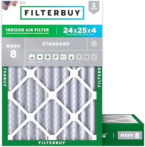 Filterbuy 24x25x4 Air Filter MERV 8 Essential Dust & Allergy Defense (2-Pack), Electrostatic Pleated HVAC AC Furnace Filters Replacement (Actual Size: 23.75 x 24.75 x 3.63) by Filterbuy