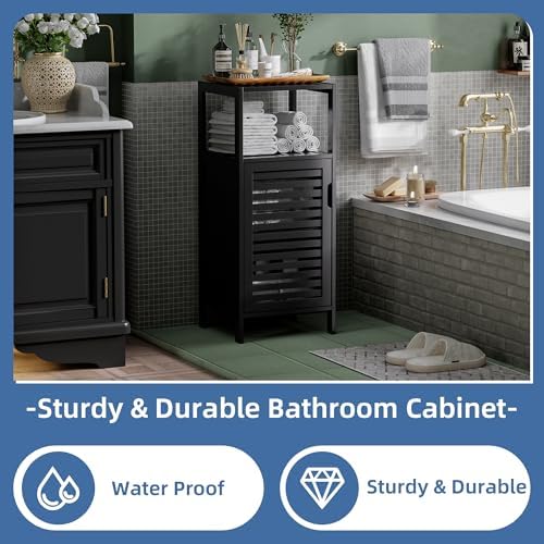 HITNET Bamboo Floor Cabinet, Small Bathroom Cabinet Floor Standing, 4 Tier Narrow Side Storage Cabinet, Space Saving Kitchen Cupboard with Single Door, Black - Image 5