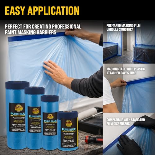 Dura-Gold Pure Blue Pre-Taped Masking Film, (4 Pack of 22, 43", 71", 106") Painters Plastic Roll, Pull Down Drop Sheet, Pre-Taped Plastic Sheeting for Painting Protection on Auto, Walls, Furniture - Image 3