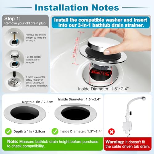 Hibbent 3 in 1 Metal Bathtub Drain Stopper, Universal Pop Up Tub Stopper - Image 4