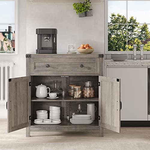 HOSTACK Kitchen Storage Cabinet, Farmhouse Coffee Bar Cabinet, Ash Gray - Image 5