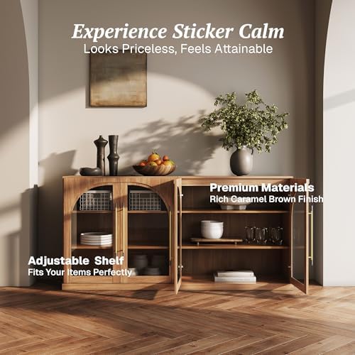 BELLEZE Set of 2 Modular Sideboard with Arched Glass Door, 65'' Accent Display Buffet Cabinet with Storage and Adjustable Shelves,Classic Modern Credenza for Living Room Kitchen Entryway (Camel) - Image 4