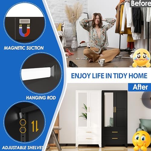 GAIOUS Steel Armoire Wardrobe Closet with Mirror and 2 Drawers 71" Black - Image 5