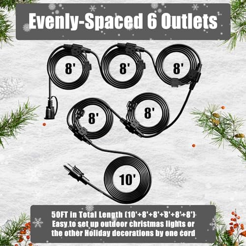 Eversimpleinc Black Outdoor Extension Cord with Multiple Outlets, (50FT 6 Outlets) Evenly Spaced with Weatherproof Cover, Ideal for Christmas Decoration Patio, 16AWG/3C SJTW, ETL Listed - Image 2