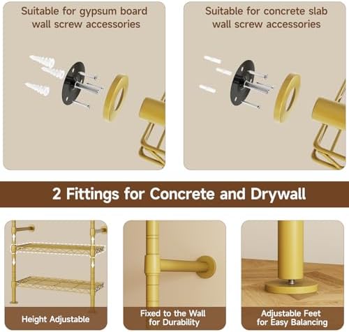 ONBRILL H2 Wall Mounted Clothes Rack, Expandable Metal Closet System(Gold) - Image 6