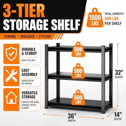 Metal Garage Shelving Unit, Heavy Duty Adjustable Storage Shelves, Steel Shelving, 1500 LBS Capacity Shelves for Heavy Tools and Equipment, 3 Tier, 36" Wx 14" Dx 32" H - Image 3