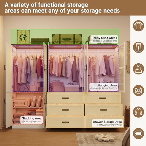 75" Tall Farmhouse 6 Doors Armoire Wardrobe Closet with 3 Drawers and LED,Freestanding Closet Wardrobe Cabinet for Bedroom with Hanging Rod,Wooden Armoire Storage Cabinet(Rustic Off White 6 Doors 2) - Image 5
