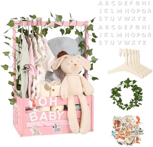 Baby Shower Gifts Basket Wooden Crate, Personalized Wooden Letters and Clothes Hangers New Born Baby Girl Boy Gifts Vine Decorations Cute Closet with Handle Pregnancy Gifts for New Mom Parents Pink by MAMBAKOTR