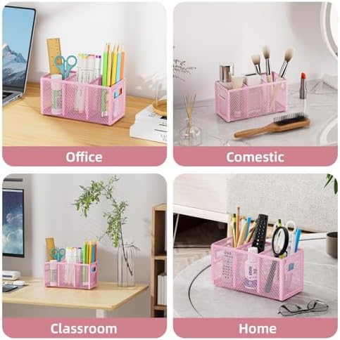 Marbrasse Mesh Pen Holder for Desk, Pencil Holder Desk Organizer 3 Adjustable Compartments, Pencil Cup with Handle Perfect for Classroom, Office, Home, Makeup, Art (Pink) - Image 6