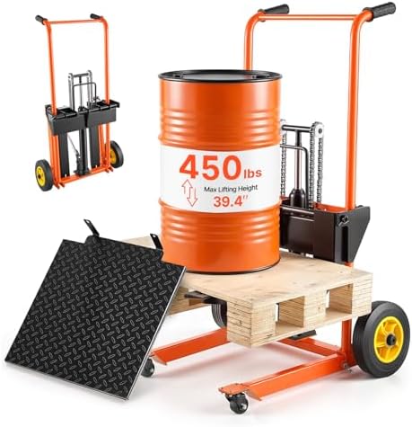 VEVOR Hydraulic Material Lift Winch Stacker, 450 lbs Load Capacity, 39.4'' Max Lifting Height, Pallet Truck Dolly with Fork Lift Table, Foldable & Portable Pallet Jack Table Cart, Orange & Black by VEVOR