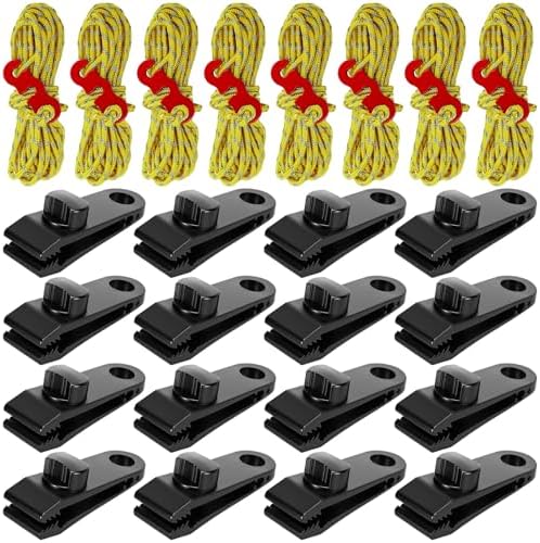 Yulejo 24 Pcs Tarp Clips Heavy Duty and Bungee Cords Tarp Clamps Shark Tent Fasteners Clips Holder for Swimming Pool Cover Awnings Outdoor Camping Caravan Canopies Car (Guyline with Tensioner,Yellow) by Yulejo