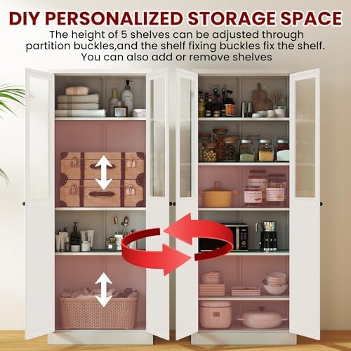 AQY Kitchen Pantry Cabinet,72" White Pantry Storage Cabinet with 5 Tire Adjustable Shelves and Glass Doors,Freestanding Cupboard,Metal Pantry Cabinets with Handle for Living Room,Assembly Required - Image 6