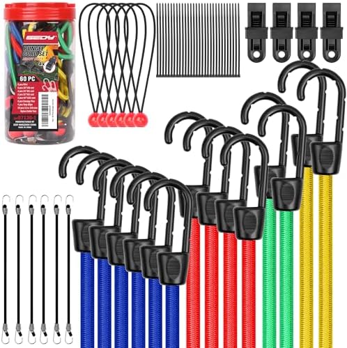 60-Piece Bungee Cords Assorted Sizes - 10" 18" 24" 32" 40" Bungee Cords with Hooks, Heavy Duty Outdoor, Large Medium Small Mini Elastic Canopy Tarp Bungee Ball Ties Tarp Clips Organizer by SEDY