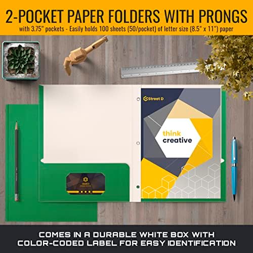 Better Office Products Green Paper 2 Pocket Folders with Prongs, 50 Pack, Matte Texture, Letter Size Paper Folders, 50 Pack, with 3 Metal Prong Fastener Clips, Green - Image 2