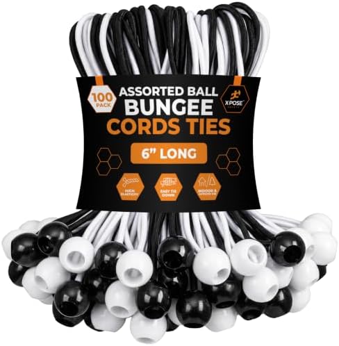 Xpose Safety Bungee Ball Cords 6" 100 Pack Heavy Duty Assorted Colors Black and White Stretch Rope with Ball Ties for Canopies, Tarps, Walls, Cable Organization by XposeSafety