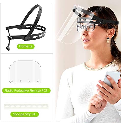 EWA Adjustable Face Shield（2pack+10visors）, All-Round Protection Cap with Clear Anti-Fog Shields, Lightweight Transparent Face Shields(2 Support Frame + 10 Replaceable Visors+ 4 Sponge Strips)-Black - Image 2