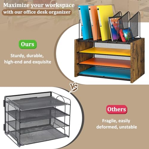 4-Tier Desk Organizer, Desk File Organizer with 5 Vertical File Holders, Office Desktop Organizer with 3 Level Paper Organizer Letter Tray, Wooden Desk Organizers and Accessories for Home Office - Image 5