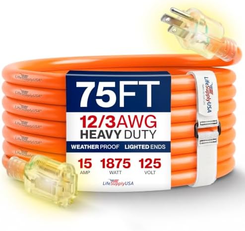75ft Outdoor/Indoor Extension Cord 12/3 Gauge Extra Heavy Duty 3 Prong SJTW, Waterproof, Flexible Cold-Resistant Long Power Cord,15A 125V 1875W, Orange by LifeSupplyUSA by LifeSupplyUSA
