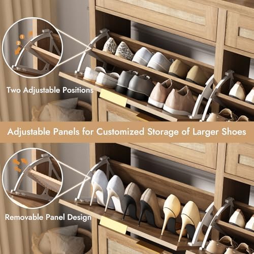 HOKYHOKY Large Rattan Shoe Storage Cabinet with 4 Flip Drawers & 2 Storages - Image 3
