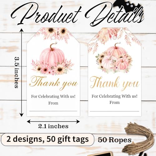 Pink Pumpkin Fall Gift Tags with String, 50PCS Thanksgiving Hanging Tags for Gift Wrapping, Autumn Harvest Thank You Labels for Friendsgiving, Party Favors, Bakery Packaging, DIY Crafts - A05 - Image 2
