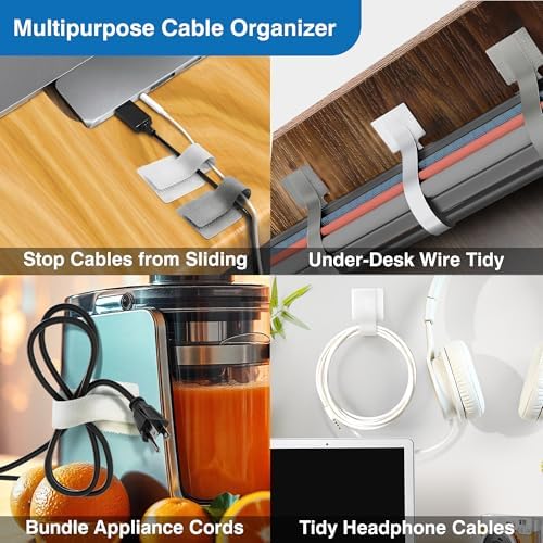 Cable Management Kit – 40 Self-Adhesive Hook & Loop Cable Ties with 2 Extension Straps, Strong Adhesive Cord Organizer for Desk, Wall, Home & Office, Adjustable Wire Holders, Grey & White - Image 5