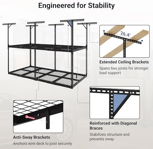 FLEXIMOUNTS 4x8 2-Tier Overhead Ceiling Garage Storage Rack, Black - Image 6