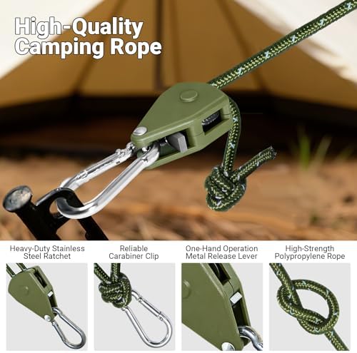 Camping Ropes Guy Line - Tarp Tie Down Ropes with Ratchet System, Pulley & Reinforced Metal Gear - Adjustable Heavy Duty Guy Lines for Canopy Tent, Quick Setup Outdoor Strap-4Pack - 6Pack - Image 3