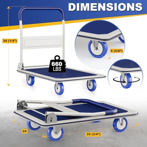 Foldable Push Cart Dolly | 660 lbs. Capacity | Heavy Duty Moving Platform Hand Truck with Swivel Wheels | Small Flatbed Cart | Space Saving Push Handle-y - Image 2