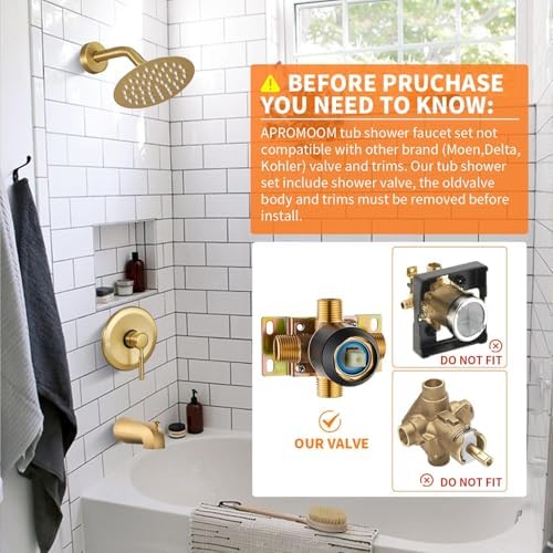 Tub Shower Faucet Set (Valve Included) with 6-Inch Rain Shower Head and Tub Spout Single-Handle Tub and Shower Trim Kit Brushed Gold - Image 2
