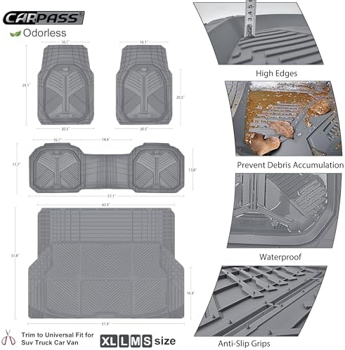 CAR PASS Heavy Duty Rubber Car Mats with Cargo Liner, Deep-Dish Car Floor Mats and Trunk Mat All Weather, Universal Trim-to-Fit for SUVs Trucks Sedans, Waterproof Anti-Slip, Trimmable V12 Gray - Image 5