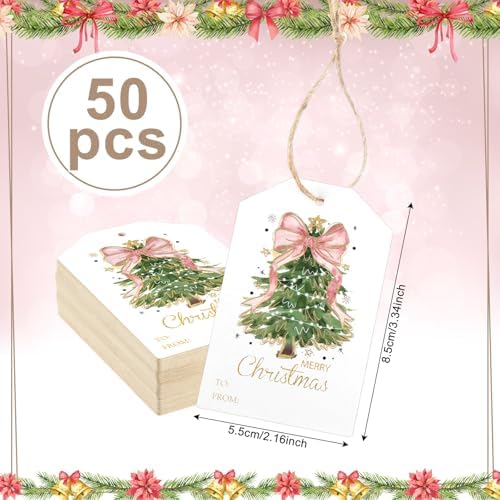 Teling 50 Pcs Christmas Gift Tags with String Pink Bow Merry Christmas Tags - Image 2