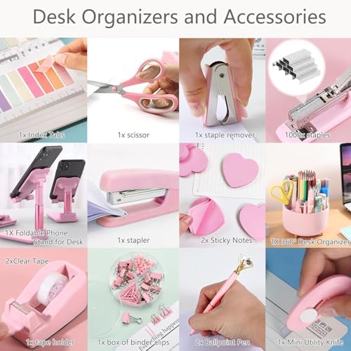 Pink Office Supplies,Desk Accessories,Desk Organizer,Phone Stand,Scissors,Stapler,Tape Dispenser,Binder clips,Staples,staple remover,Sticky Notes,Index Tabs,Clear Tape,Mini Box Cutter,Cool Pen 16pcs - Image 7