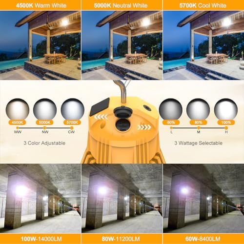 LED Temporary Work Light 100W 80W 60W Adjustable LED Construction Light(450W/400W/350W MH/HPS Equiv.) 14000LM ETL Listed, Adjustable 3CCT 4500K/5000K/5700K Linkable Hanging Work Lights for Job Site - Image 3