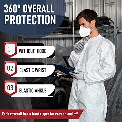 Medical Nation Hazmat Suits Disposable | 5 Pack, Large | Non-Hooded Protective Coveralls - Heavy Duty Full Body Painters Suit for Men & Women Without Hood - Breathable & Water Resistant - Large - Image 2