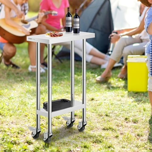 VEVOR Stainless Steel Work Table 24 x 12 x 38 Inch, 500 LBS Load Capacity with 4 Wheels, 3 Adjustable Height Levels, Heavy Duty Food Prep Worktable for Commercial Kitchen Restaurant, Silver - Image 2