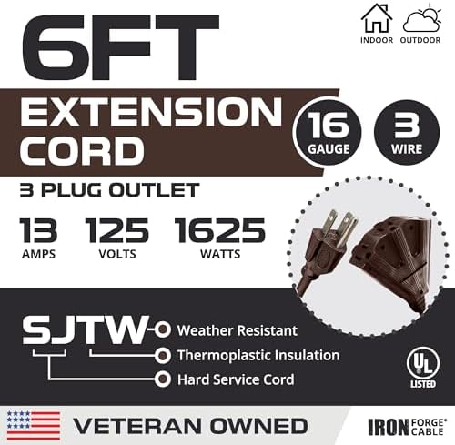 Iron Forge Cable 16 Gauge Brown Extension Cord Multi Outlet, 6 Ft - SJTW - Image 2