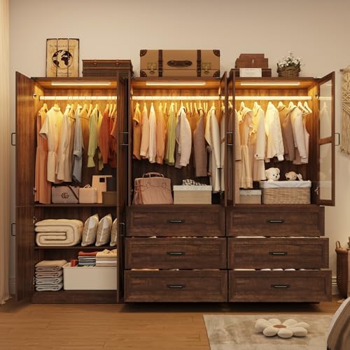 Hlivelood 75" Tall Farmhouse 6 Doors Armoire Wardrobe Closet with 6 Drawers and LED,Freestanding Closet Wardrobe Cabinet for Bedroom with Hanging Rod,Wooden Armoire Storage Cabinet(Brown 6 Doors 2) - Image 6