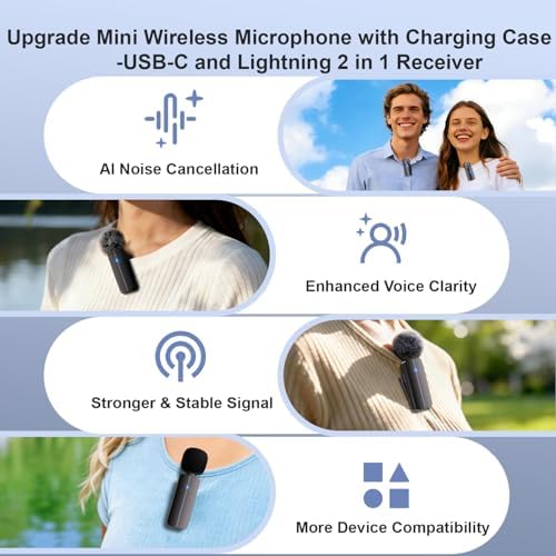 2-Pack Wireless Mini Lavalier Lapel Microphone for iPhone,Android Phone(2 in 1) w/ Case - 65ft Cordless Clip on Dual Mics with Noise Reduction 6H Working Time for Video Recording Vlogging, YouTube - Image 2
