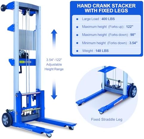 Material Lift Winch Stacker, 400 lbs Capacity, 122" Max Raised Height, Fixed Straddle Hand Winch Lift Trucks for Warehouse, Factory, Library, 34.60" L x 24.80" W - Image 2