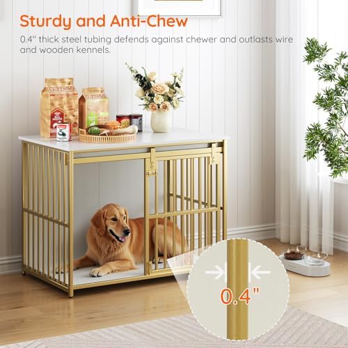 HOOBRO Dog Crate Furniture, 36.6" Heavy Duty Dog Kennel with Sliding Barn Door, Wooden Dog Cage Indoor, Decorative Side End Table for Small/Medium Dogs, White and Gold GD162GW03G1 - Image 2
