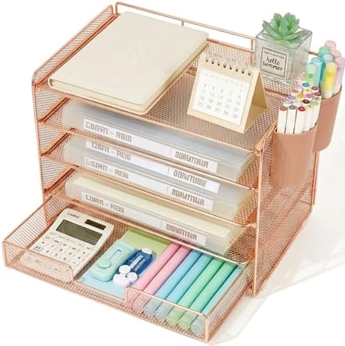 LEKETREE Desk Organizer and Accessories, 5-Tier Paper Letter Tray Organizer with Drawer & 2 Pen Holders for Desktop File Organization, Office Desk Accessories for Supplies Storage (Rose Gold) by Stylishworkspaceeffortlessorganization