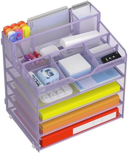 Docnest 5 Tier Mesh Desk Organizer with Letter Tray & Paper Sorter, Purple by DocNest