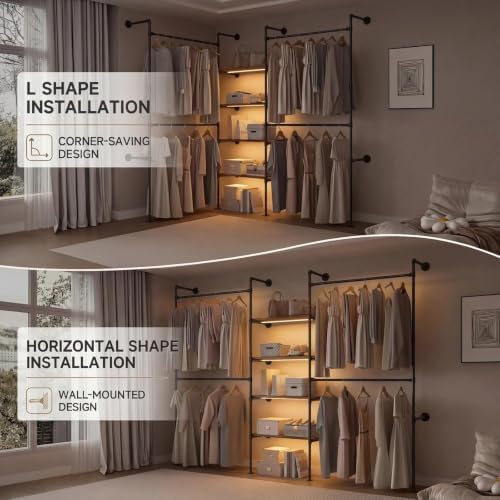 Expandable Industrial Pipe Clothing Rack with LED & Shelves - Image 4