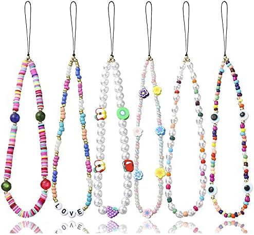 6PCS Beaded Phone Charms Strap Fruit Star Faux Pearl Rainbow Beads Phone Chains Beaded Lanyard for Camera Key Wallet Valentines Day Gifts for Her Women by Taouzi