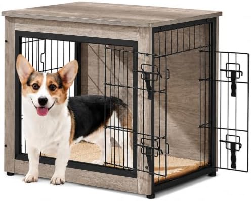 Yaheetech 27.5in Wooden Dog Crate Furniture w/Cushion for Small Dogs, Gray by Yaheetech