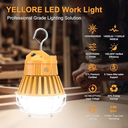 LED Temporary Work Light 100W 80W 60W Adjustable LED Construction Light(450W/400W/350W MH/HPS Equiv.) 14000LM ETL Listed, Adjustable 3CCT 4500K/5000K/5700K Linkable Hanging Work Lights for Job Site - Image 2